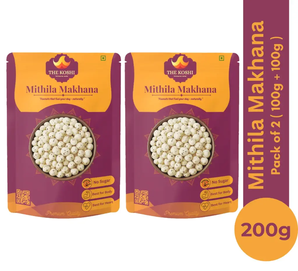 TheKoshi Mithila Makhana – 200g Pack (2 x 100g Packets) | Premium Roasted Foxnuts | Healthy Vegan Superfood | Ideal for Snacking & Weight Loss
