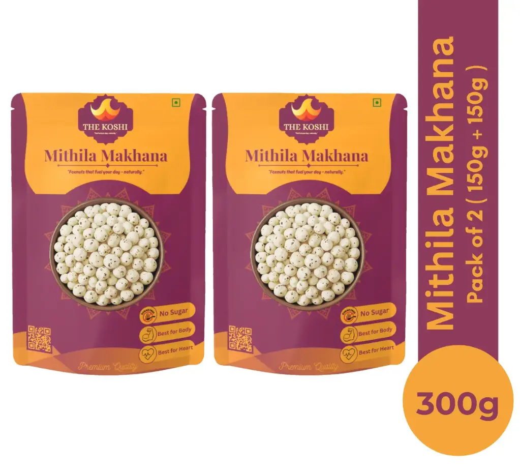 TheKoshi Mithila Makhana – 150g + 150g (Pack of 2 | Total 300g) | Roasted Crunchy Foxnuts | High Protein Snack | Gluten-Free & Natural