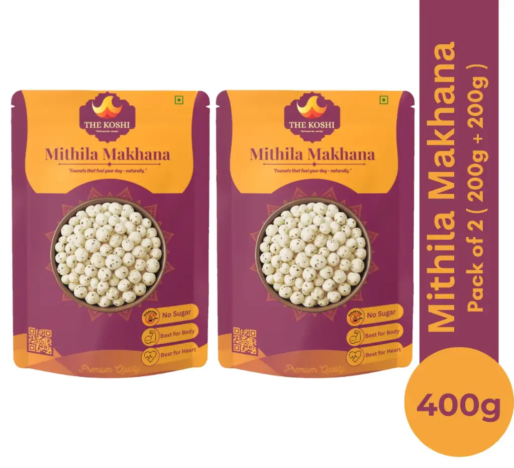 TheKoshi Mithila Makhana – 200g + 200g (4 x 100g Packets | 400g Total) | Roasted Foxnuts | Protein-Rich Diet Snack | Gluten-Free & Vegan